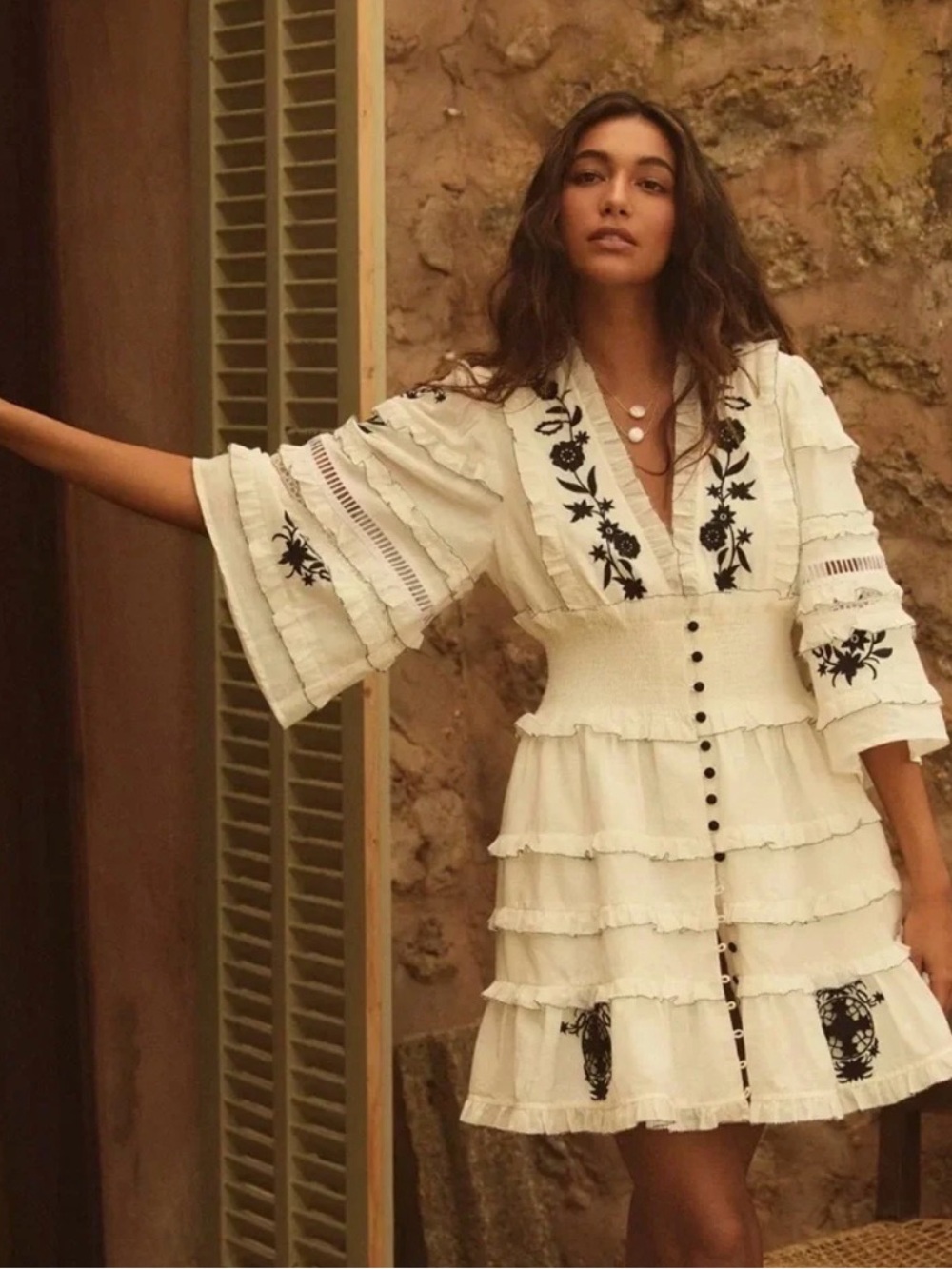 Anthropologie White Mini Dress with Black Floral Embroidery